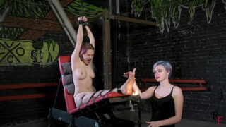 Astrid play soles of topless Fairy Fox with fire